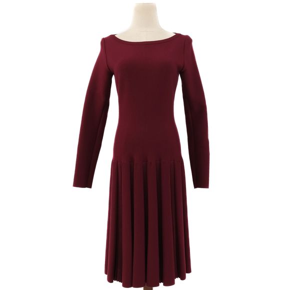 NEW Alaia Burgundy Wool Long Sleeve Dress with Pleated Skirt